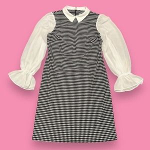 Shelby & Palmer Twee Academia Houndstooth Sheer Puff Sleeve Midi Dress Size 10